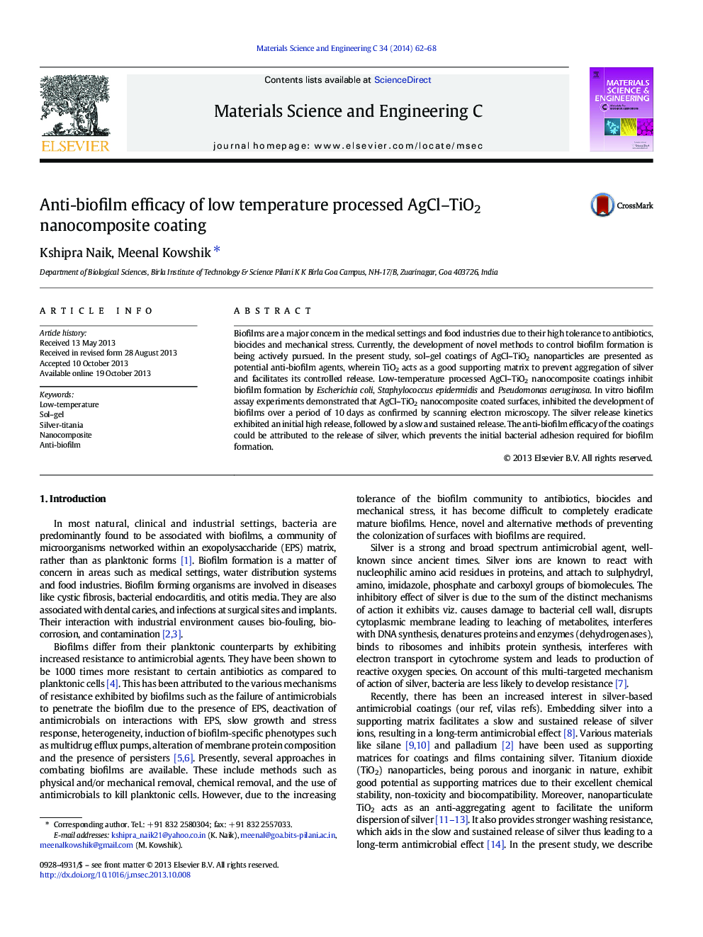 Anti-biofilm efficacy of low temperature processed AgCl-TiO2 nanocomposite coating