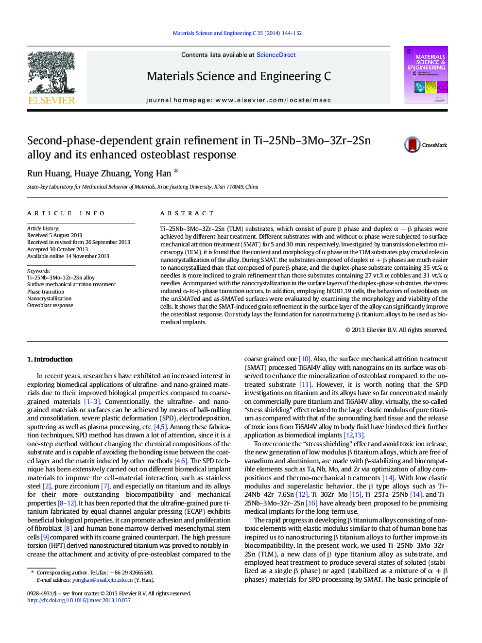 Second-phase-dependent grain refinement in Ti-25Nb-3Mo-3Zr-2Sn alloy and its enhanced osteoblast response