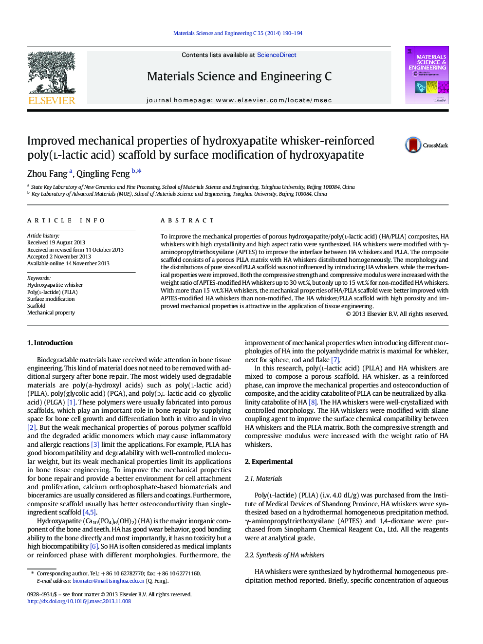 Improved mechanical properties of hydroxyapatite whisker-reinforced poly(l-lactic acid) scaffold by surface modification of hydroxyapatite