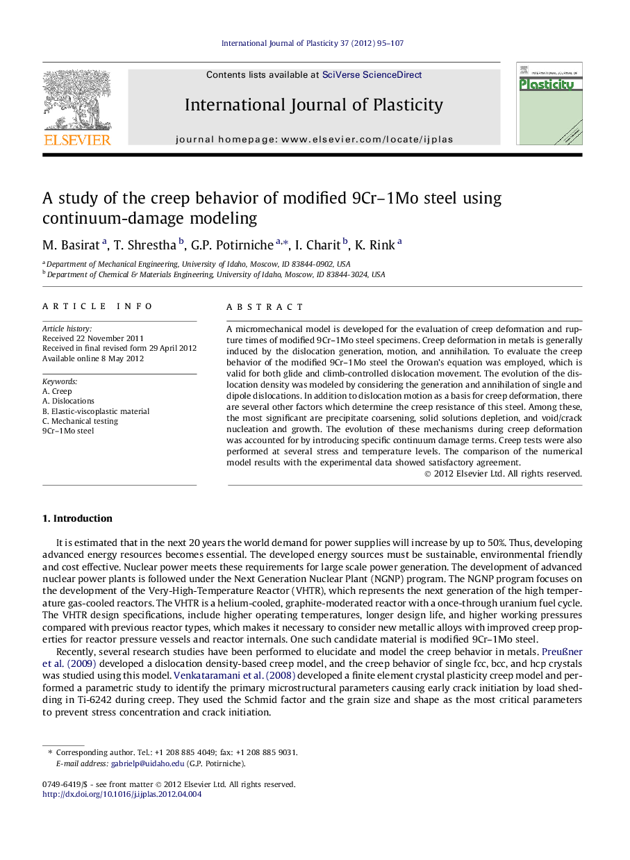 A study of the creep behavior of modified 9Cr–1Mo steel using continuum-damage modeling