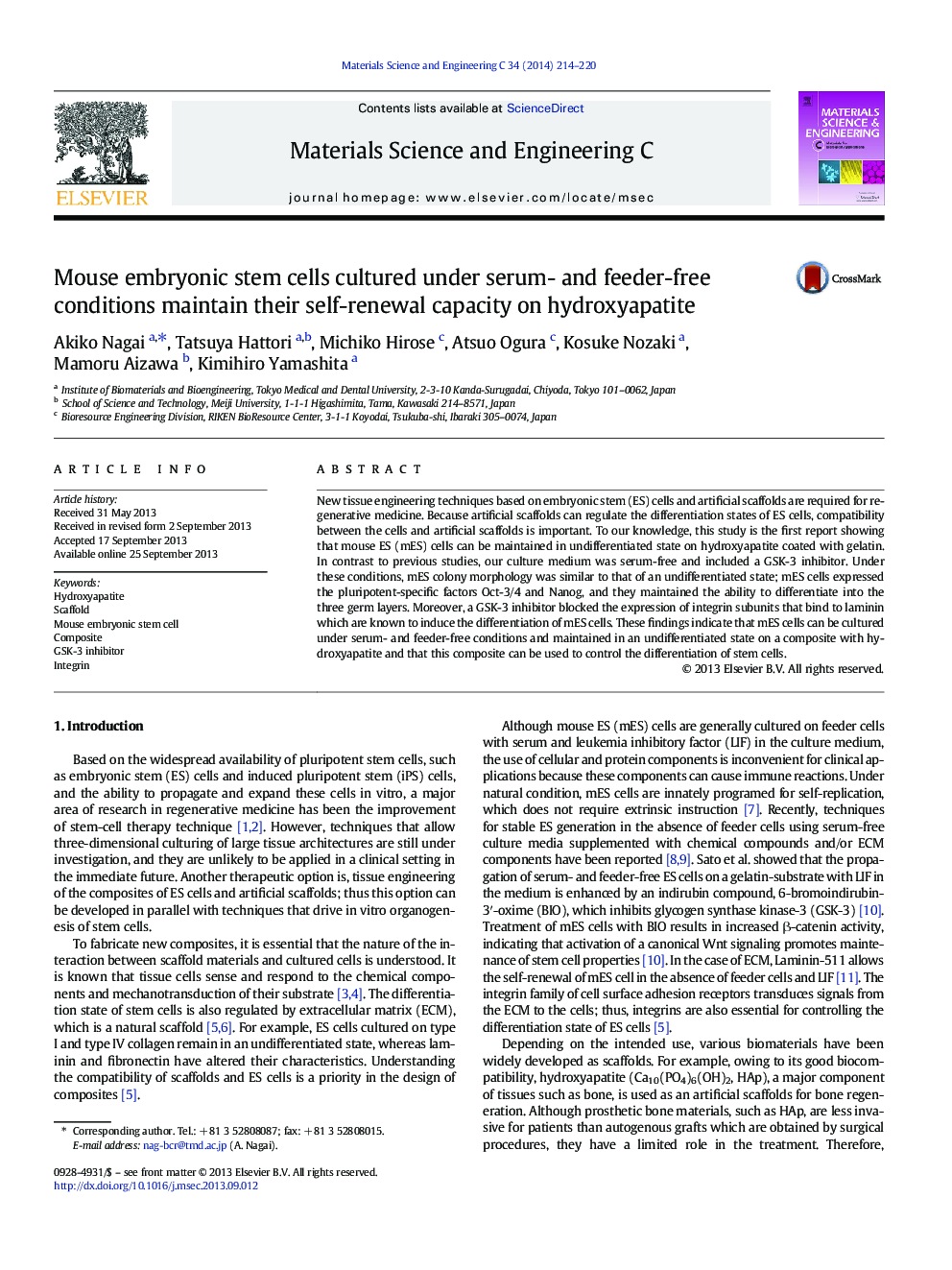 Mouse embryonic stem cells cultured under serum- and feeder-free conditions maintain their self-renewal capacity on hydroxyapatite