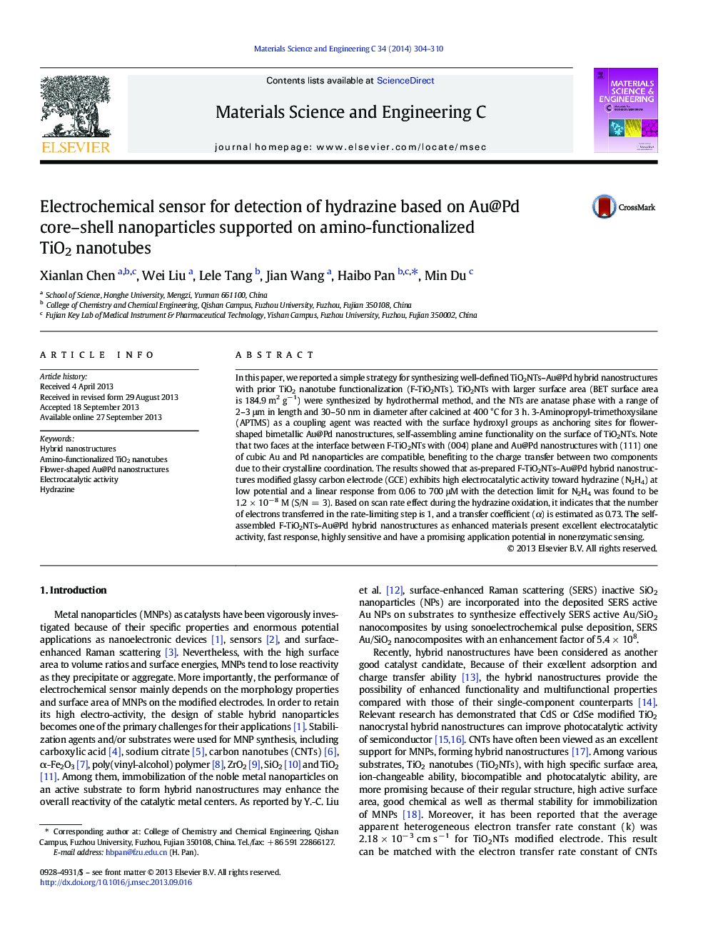 Electrochemical sensor for detection of hydrazine based on Au@Pd core-shell nanoparticles supported on amino-functionalized TiO2 nanotubes