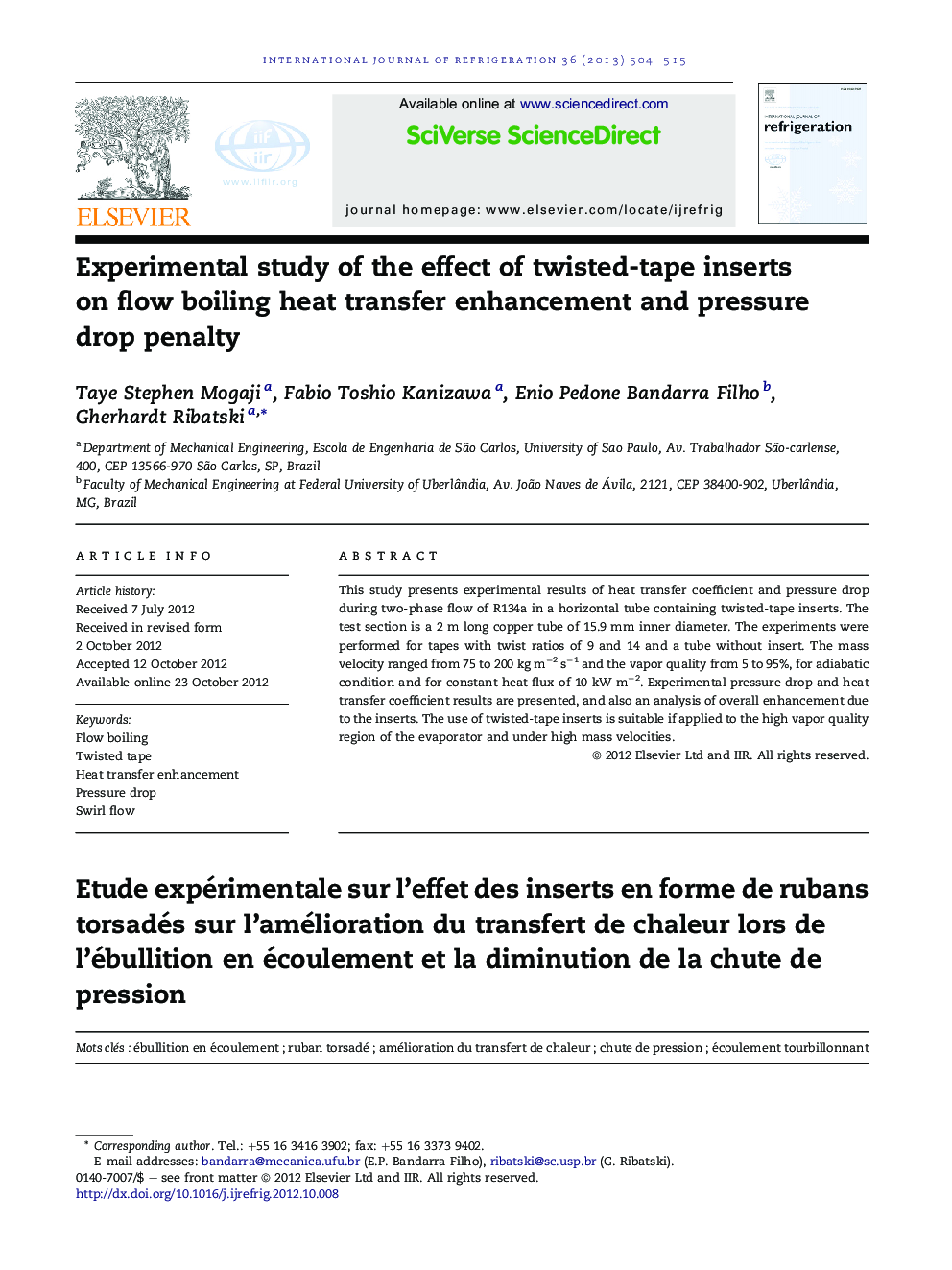 Experimental study of the effect of twisted-tape inserts on flow boiling heat transfer enhancement and pressure drop penalty