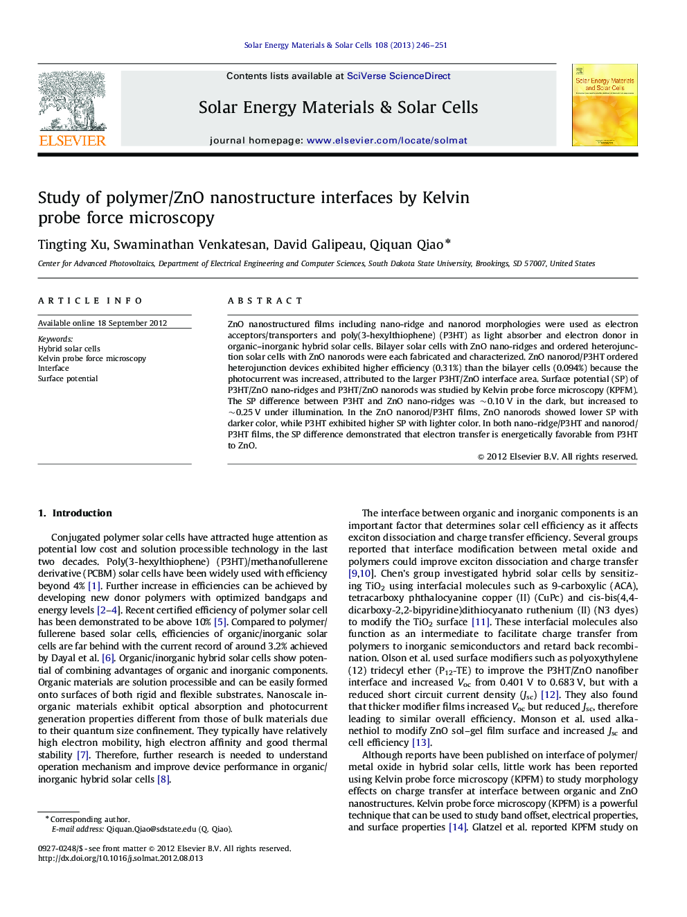 Study of polymer/ZnO nanostructure interfaces by Kelvin probe force microscopy