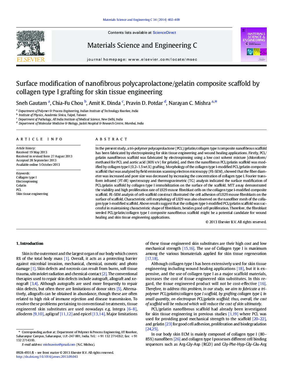 Surface modification of nanofibrous polycaprolactone/gelatin composite scaffold by collagen type I grafting for skin tissue engineering