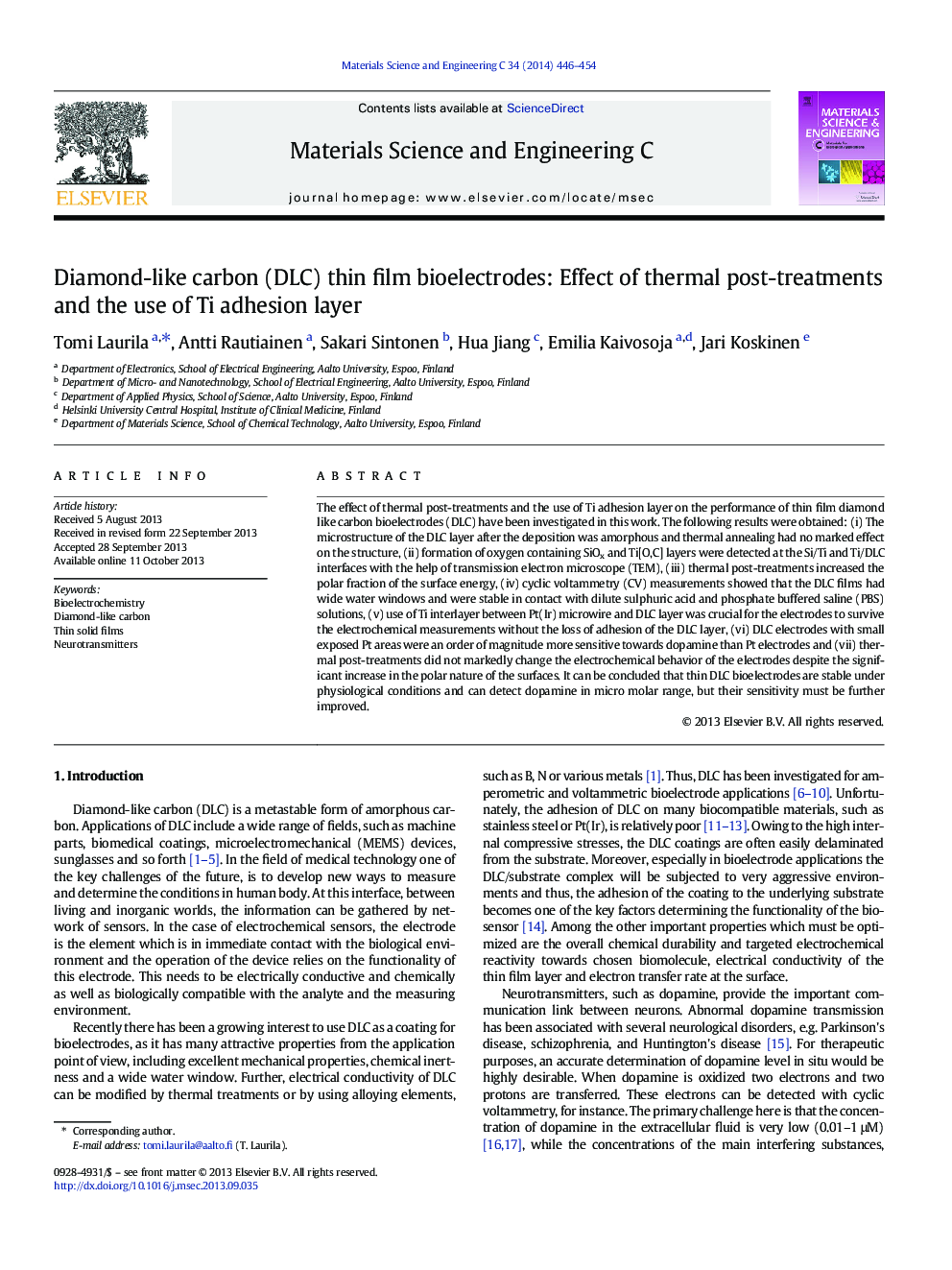 Diamond-like carbon (DLC) thin film bioelectrodes: Effect of thermal post-treatments and the use of Ti adhesion layer