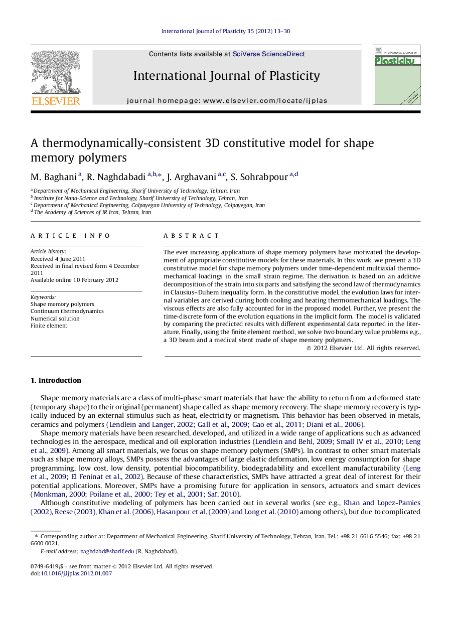 A thermodynamically-consistent 3 D constitutive model for shape memory polymers