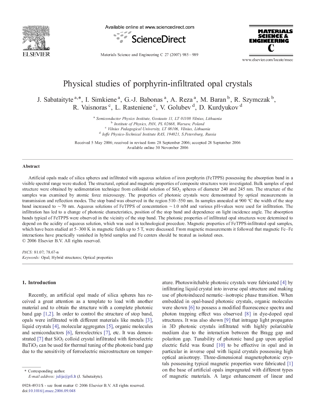 Physical studies of porphyrin-infiltrated opal crystals