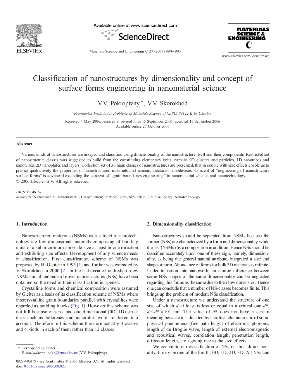 Classification of nanostructures by dimensionality and concept of surface forms engineering in nanomaterial science