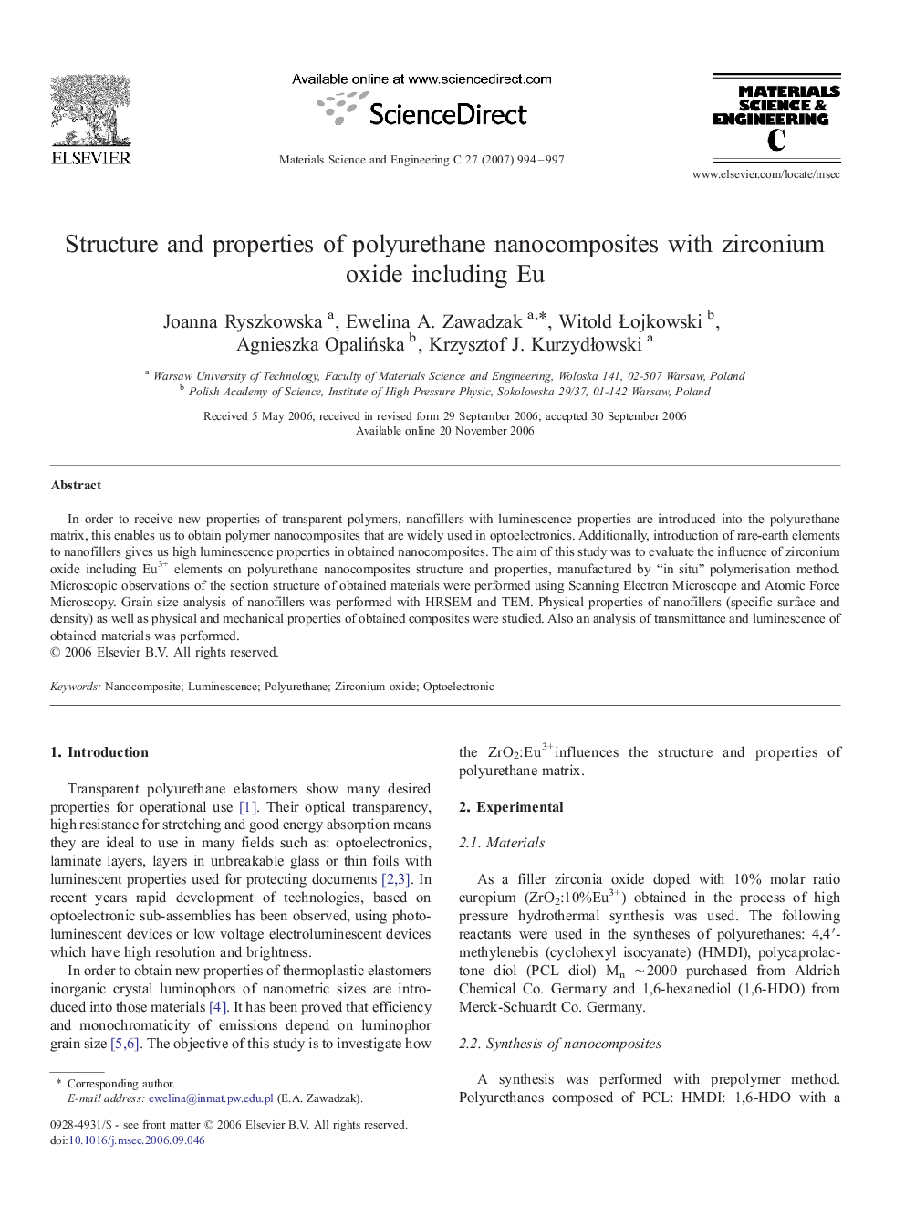 عکس صفحه اول مقاله: Structure and properties of polyurethane nanocomposites with zirconium oxide including Eu Structure and properties of polyurethane nanocomposites with zirconium oxide including Eu
