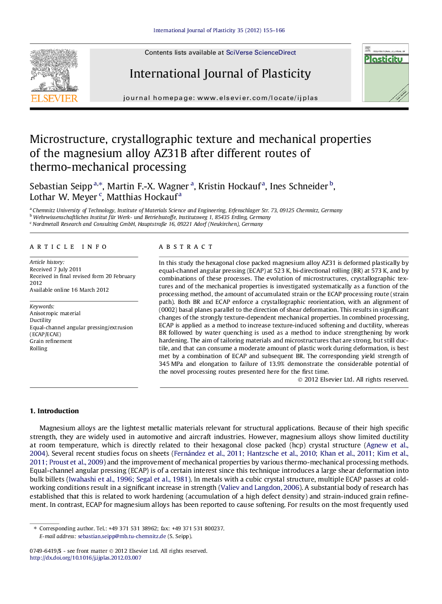 Microstructure, crystallographic texture and mechanical properties of the magnesium alloy AZ31B after different routes of thermo-mechanical processing