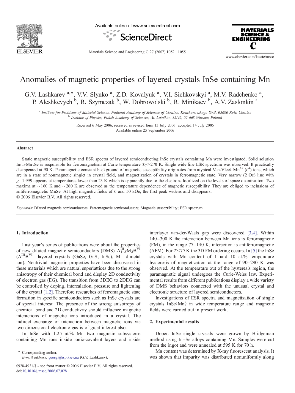 Anomalies of magnetic properties of layered crystals InSe containing Mn