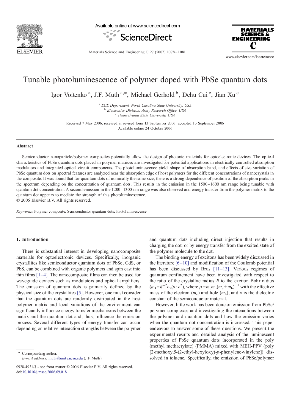 Tunable photoluminescence of polymer doped with PbSe quantum dots