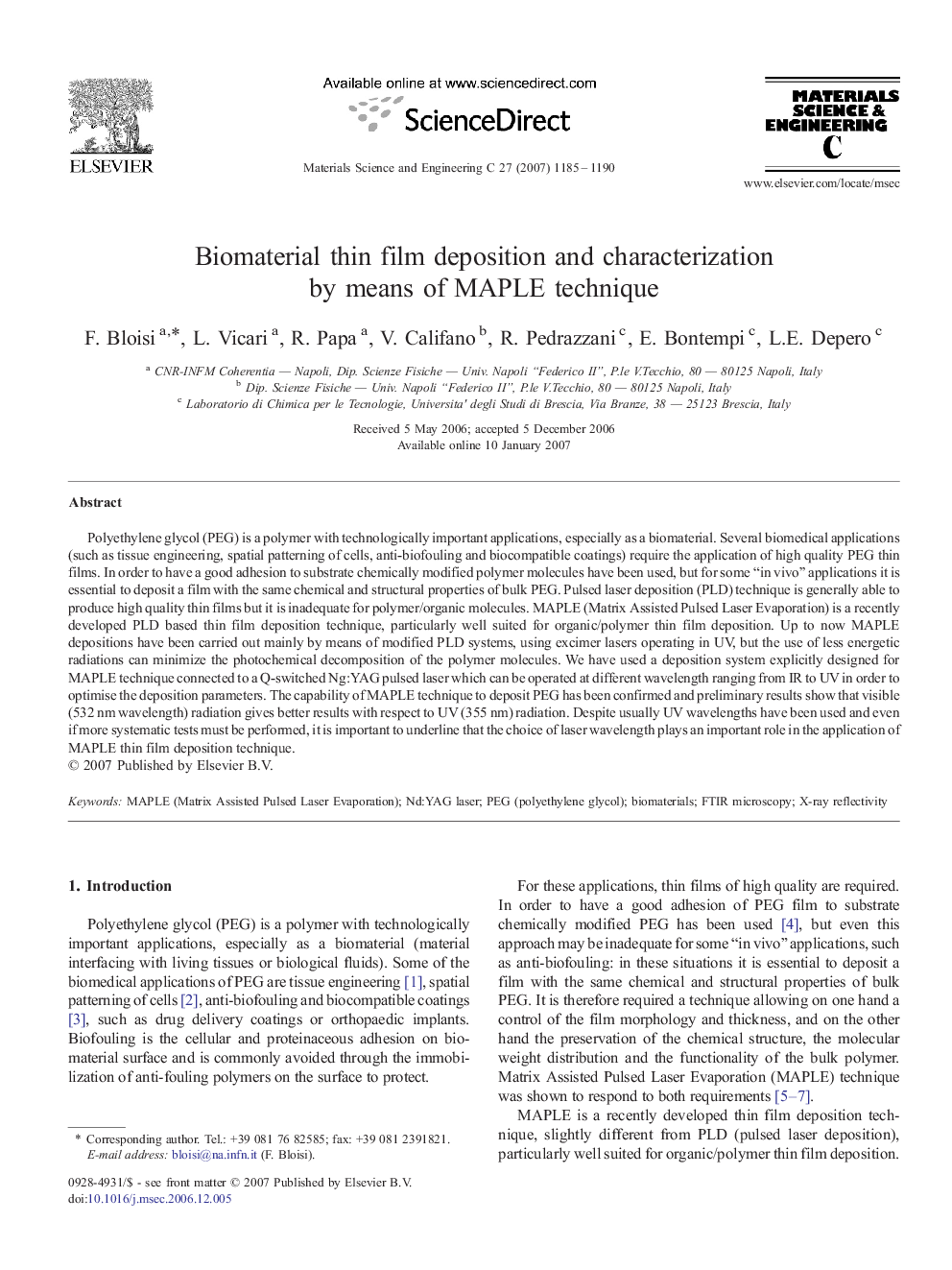 Biomaterial thin film deposition and characterization by means of MAPLE technique