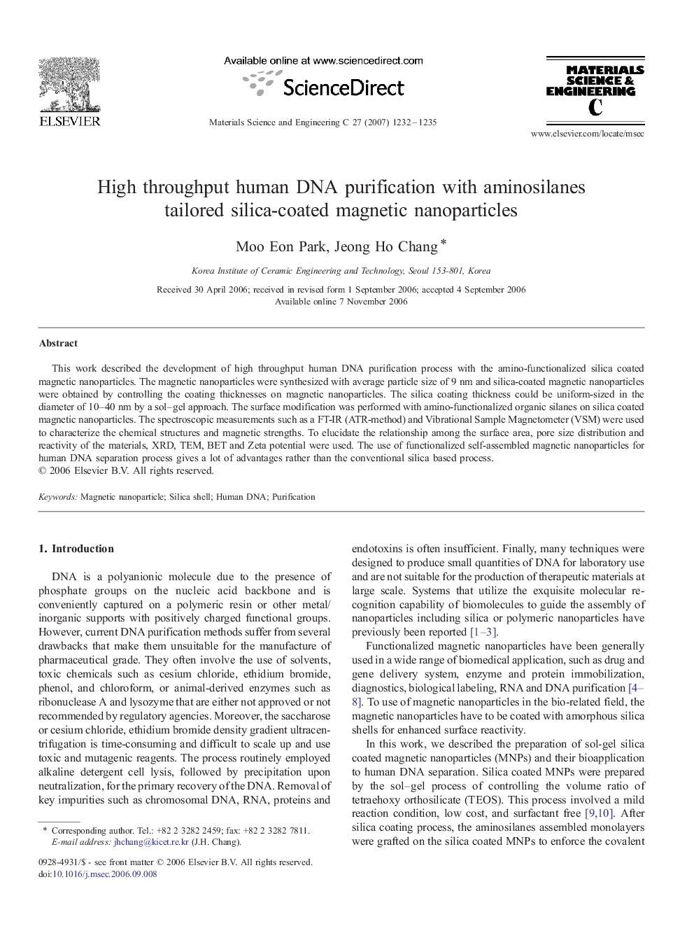 High throughput human DNA purification with aminosilanes tailored silica-coated magnetic nanoparticles