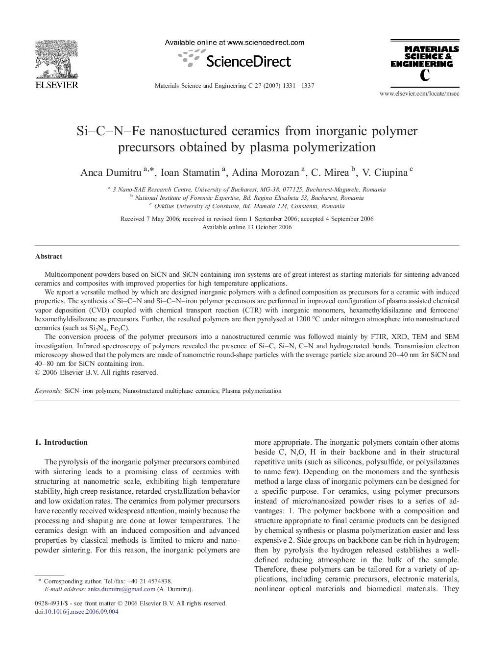 Si-C-N-Fe nanostuctured ceramics from inorganic polymer precursors obtained by plasma polymerization