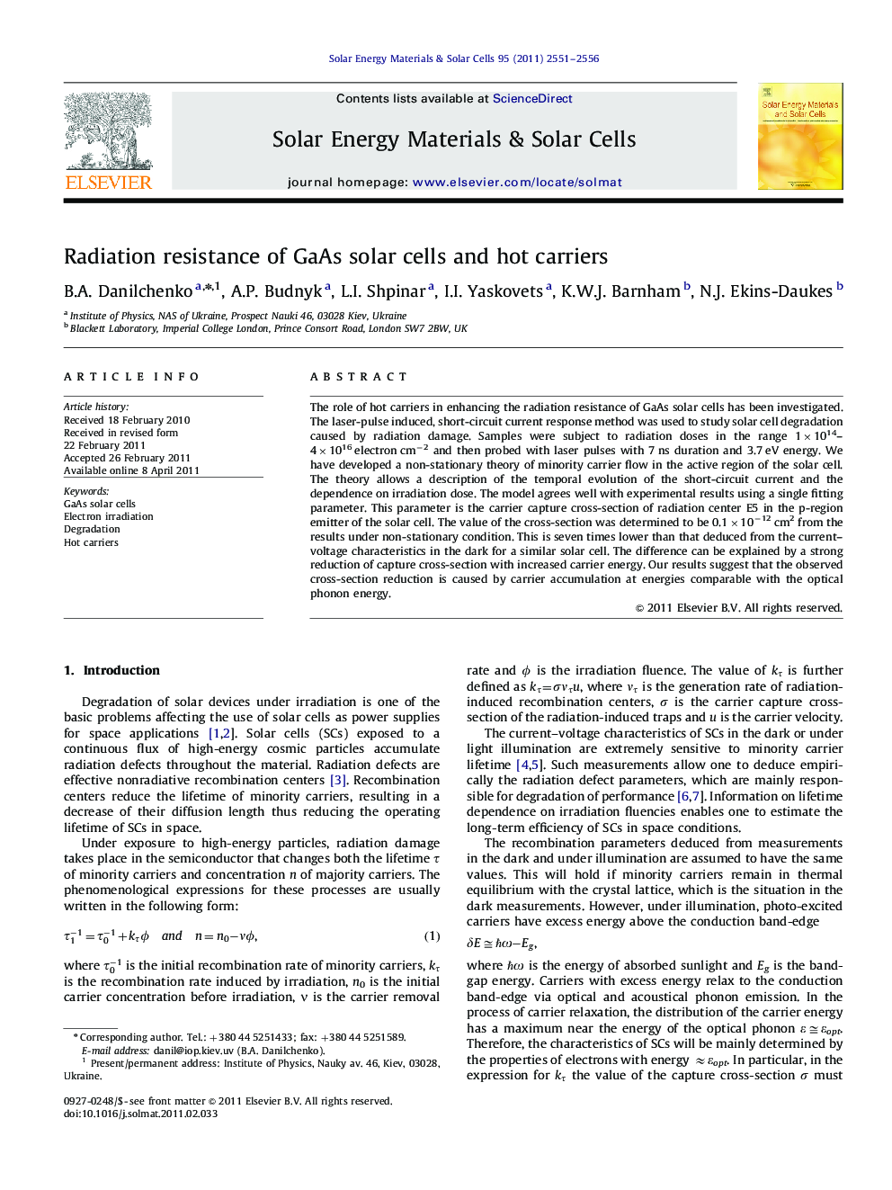 Radiation resistance of GaAs solar cells and hot carriers
