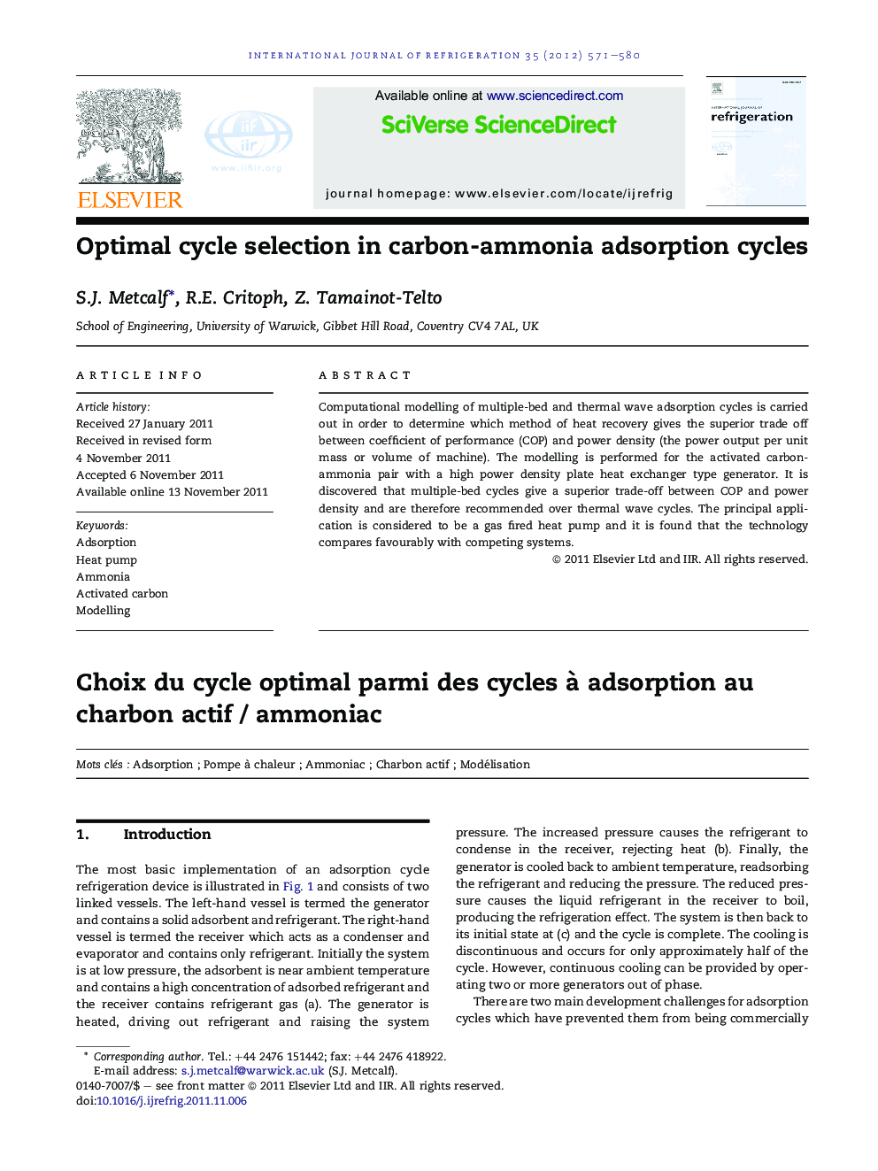 Optimal cycle selection in carbon-ammonia adsorption cycles