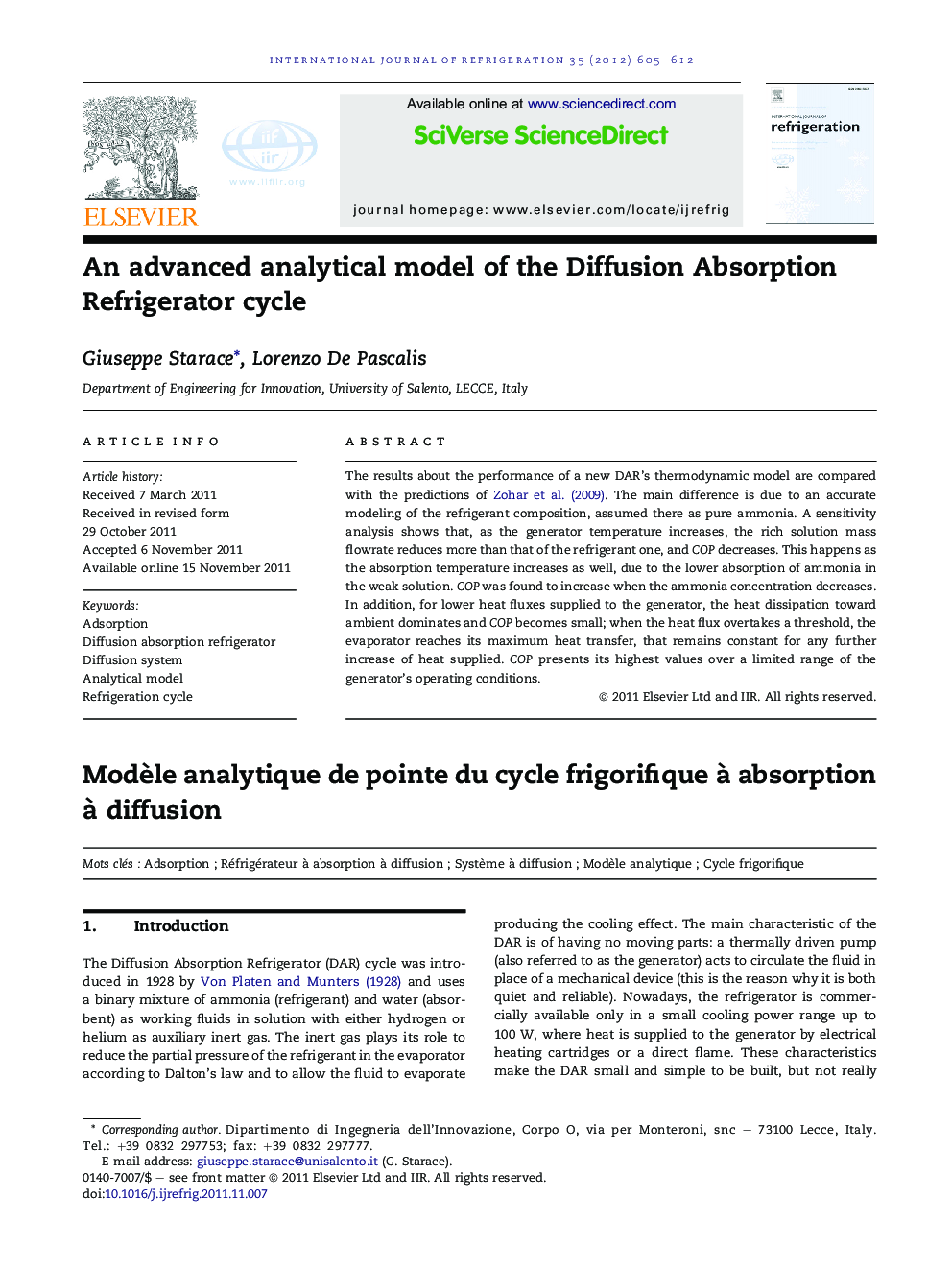 An advanced analytical model of the Diffusion Absorption Refrigerator cycle