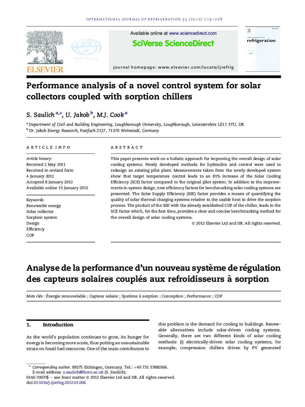 Performance analysis of a novel control system for solar collectors coupled with sorption chillers