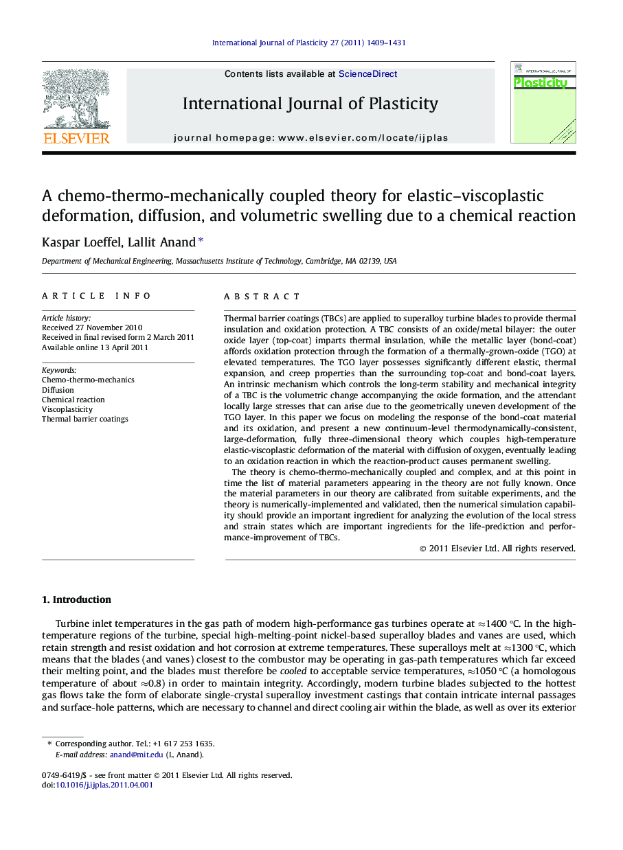 A chemo-thermo-mechanically coupled theory for elastic–viscoplastic deformation, diffusion, and volumetric swelling due to a chemical reaction