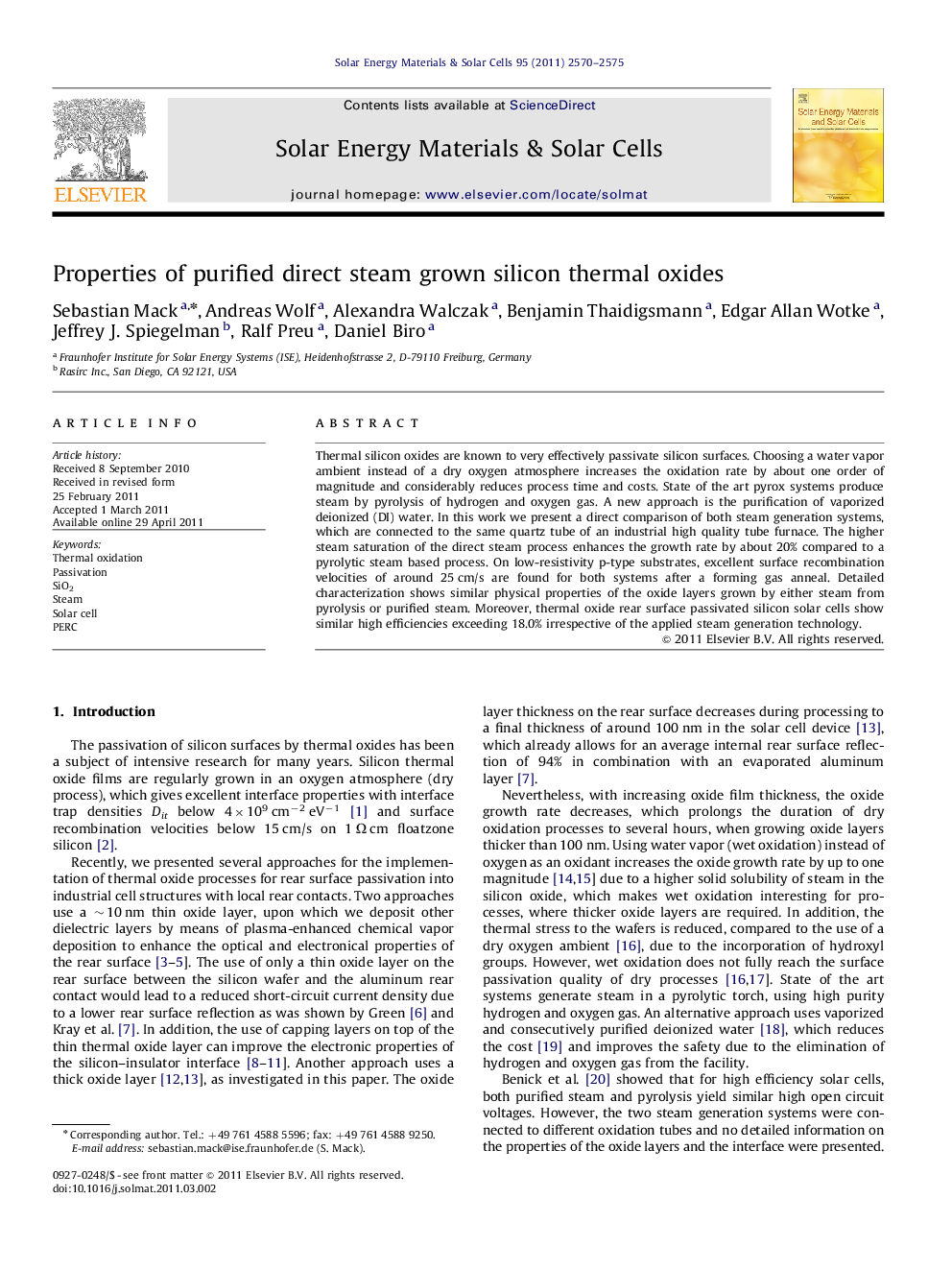 Properties of purified direct steam grown silicon thermal oxides