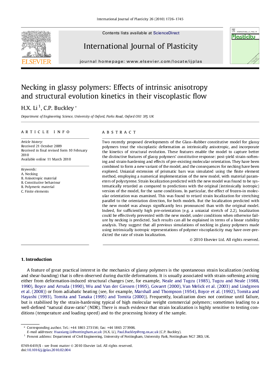 Necking in glassy polymers: Effects of intrinsic anisotropy and structural evolution kinetics in their viscoplastic flow