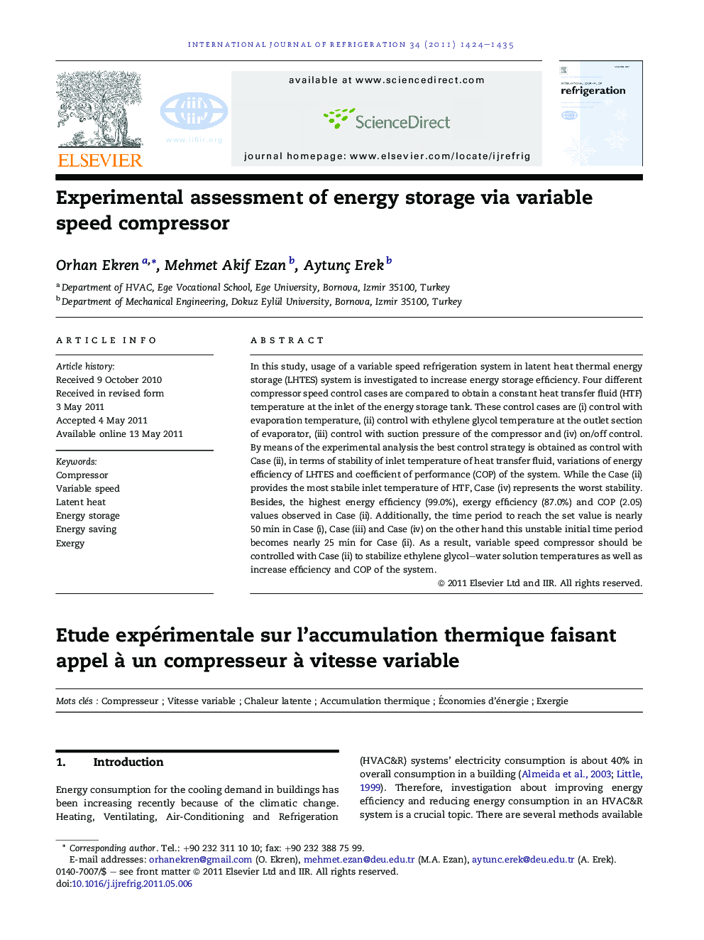 Experimental assessment of energy storage via variable speed compressor