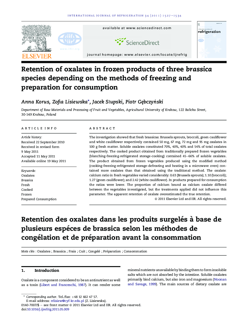Retention of oxalates in frozen products of three brassica species depending on the methods of freezing and preparation for consumption