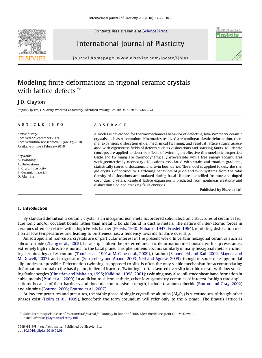 Modeling finite deformations in trigonal ceramic crystals with lattice defects 