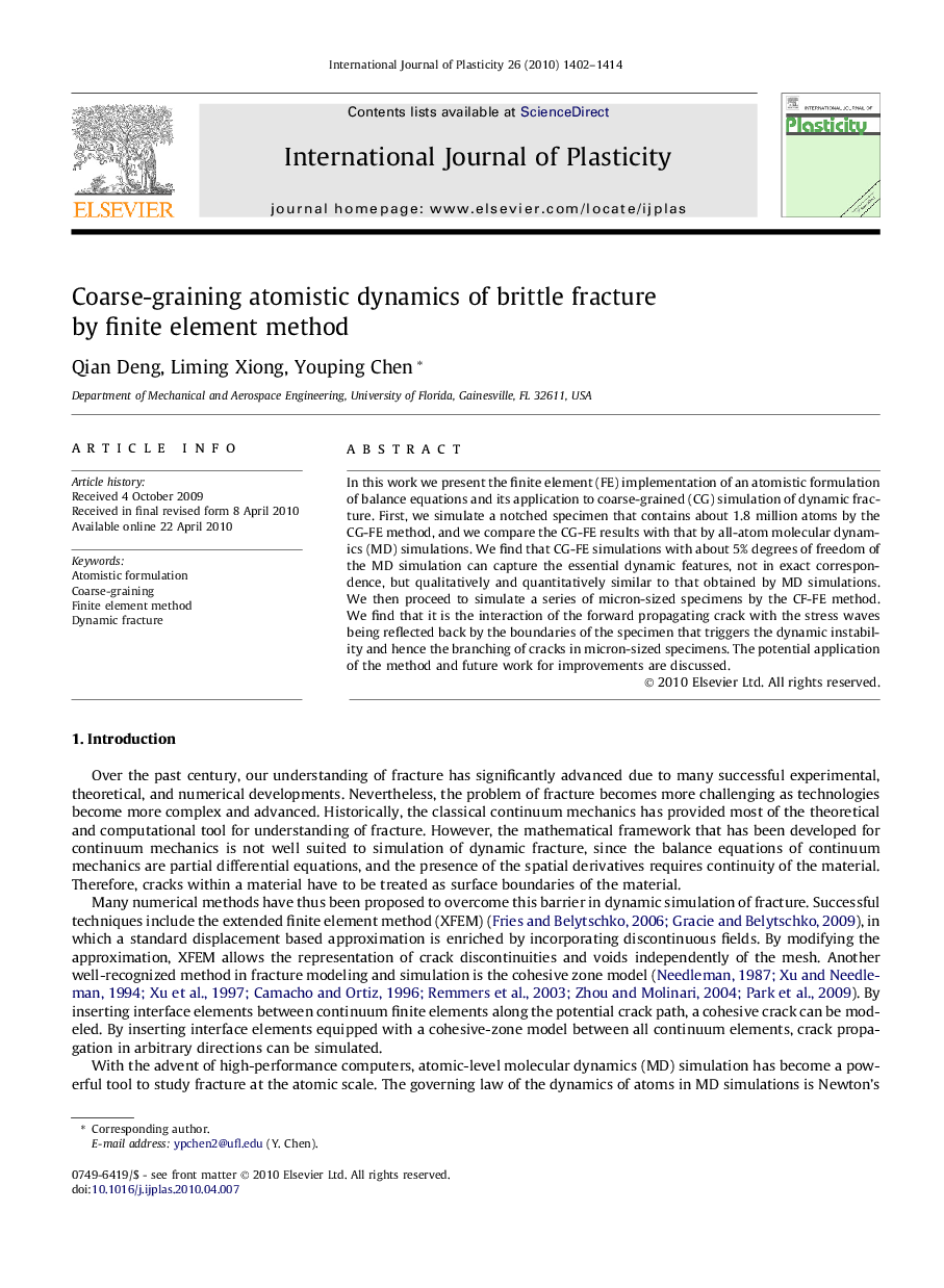 Coarse-graining atomistic dynamics of brittle fracture by finite element method