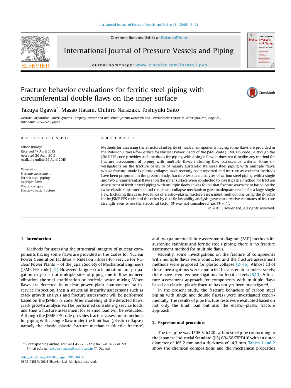 عکس صفحه اول مقاله: Fracture behavior evaluations for ferritic steel piping with circumferential double flaws on the inner surface Fracture behavior evaluations for ferritic steel piping with circumferential double flaws on the inner surface