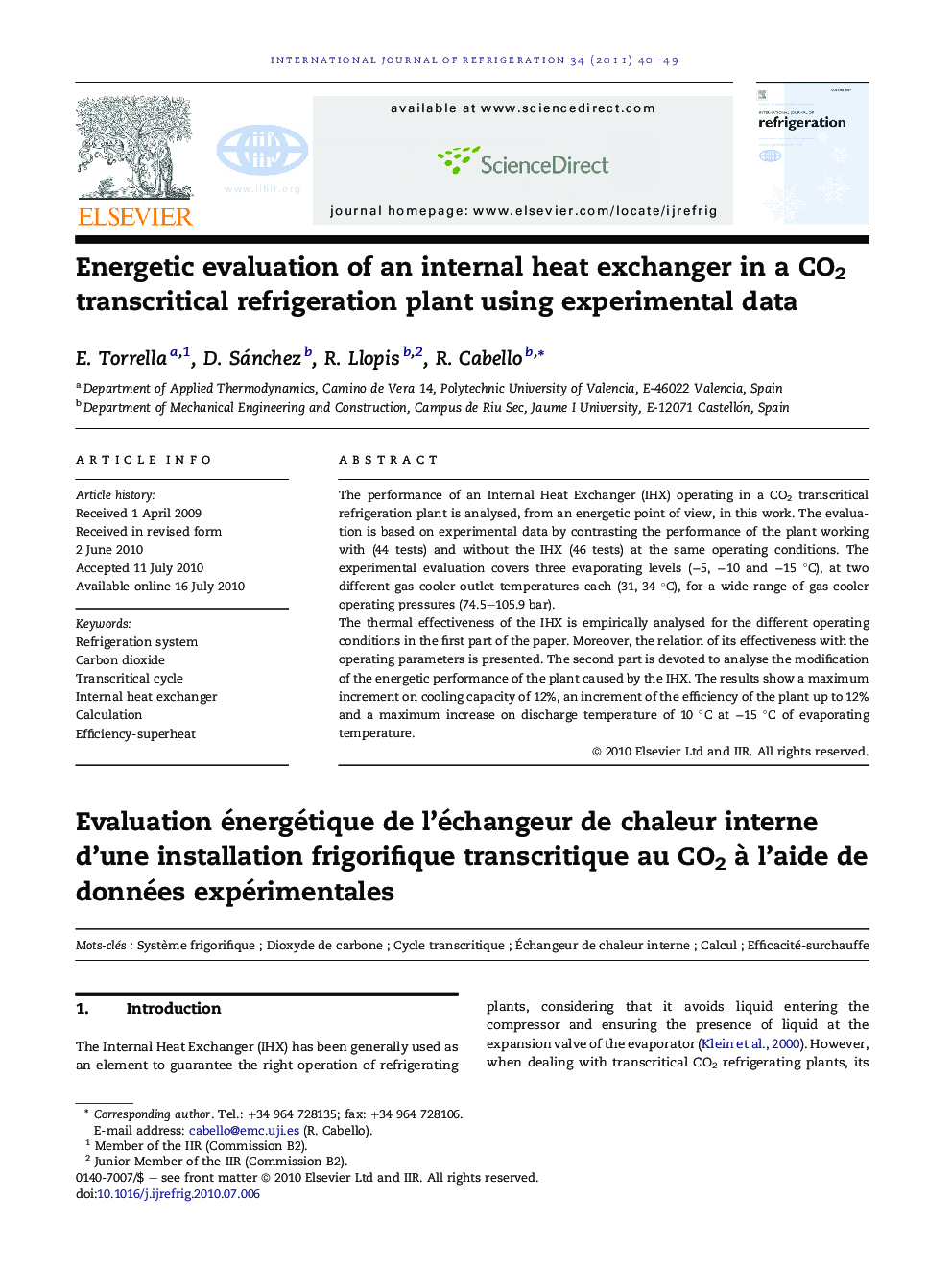 Energetic evaluation of an internal heat exchanger in a CO2 transcritical refrigeration plant using experimental data