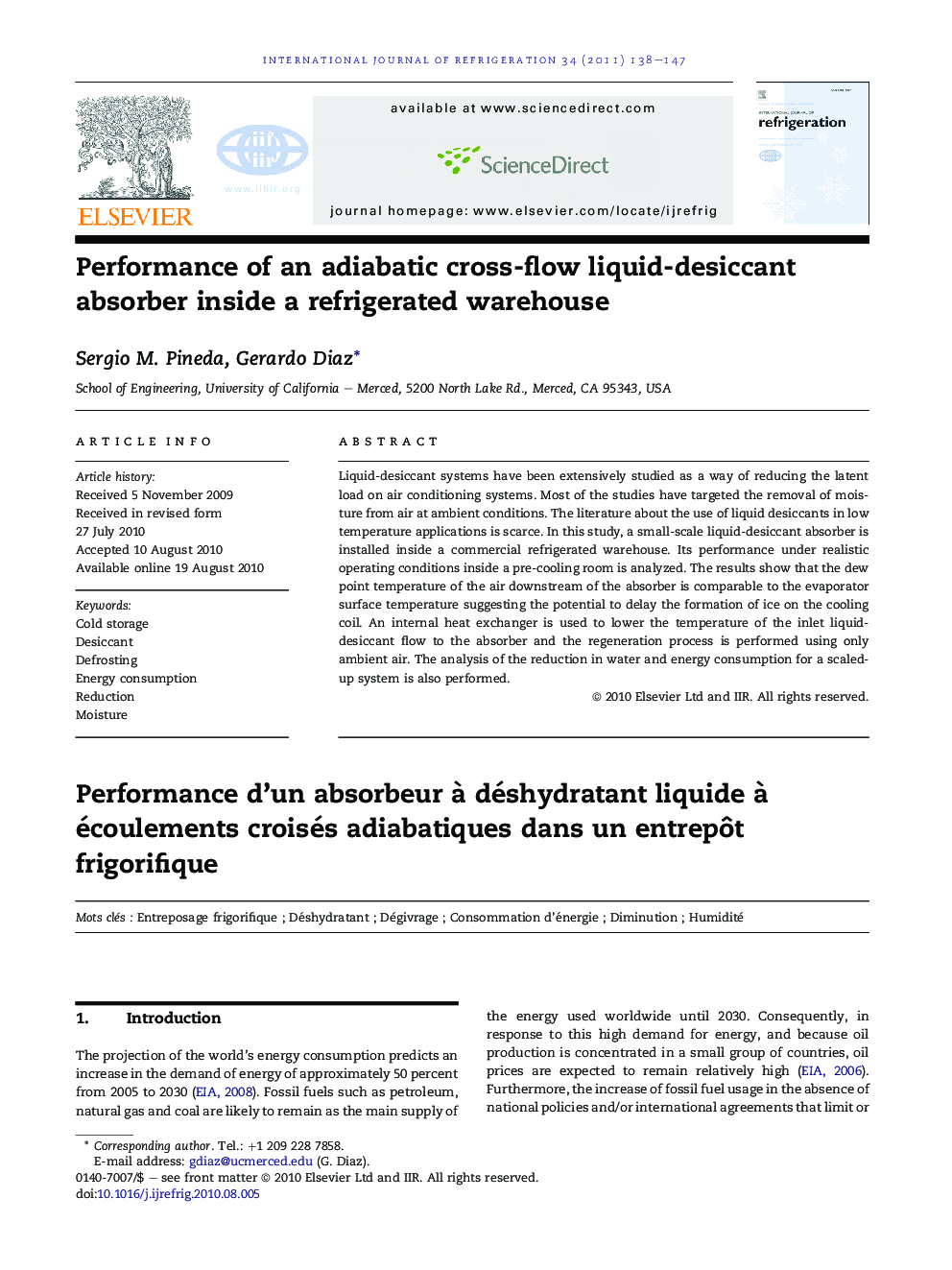 Performance of an adiabatic cross-flow liquid-desiccant absorber inside a refrigerated warehouse