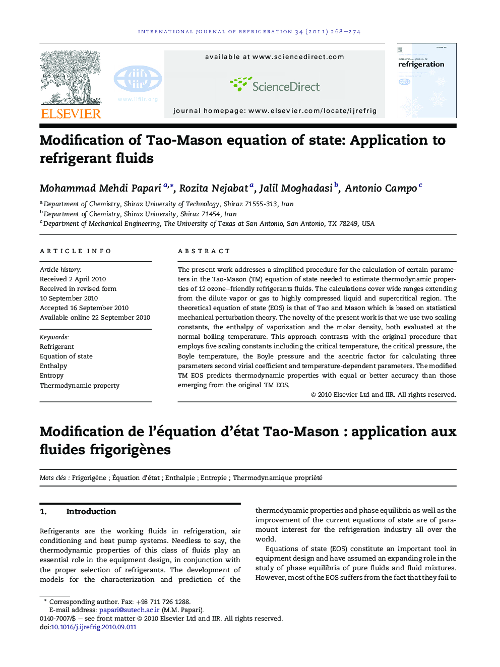 Modification of Tao-Mason equation of state: Application to refrigerant fluids