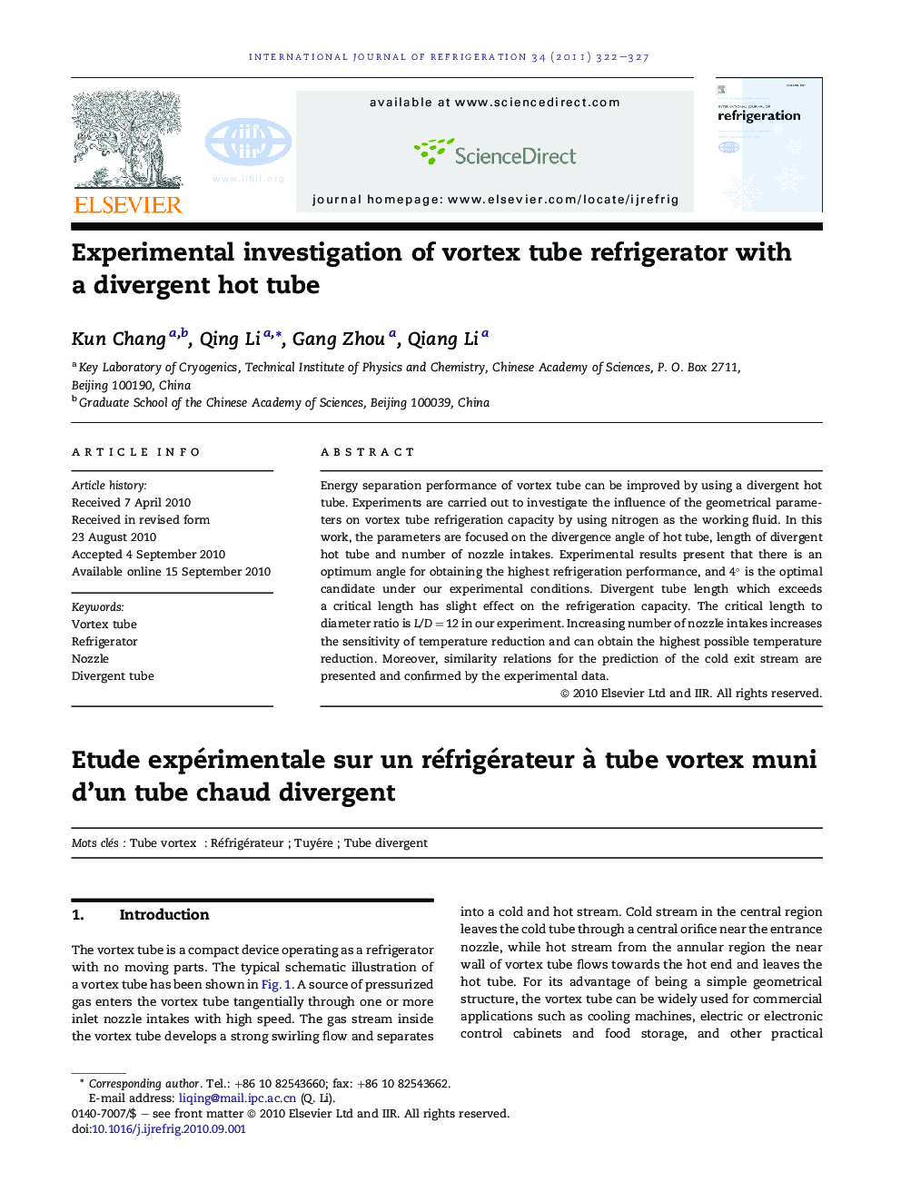 Experimental investigation of vortex tube refrigerator with a divergent hot tube