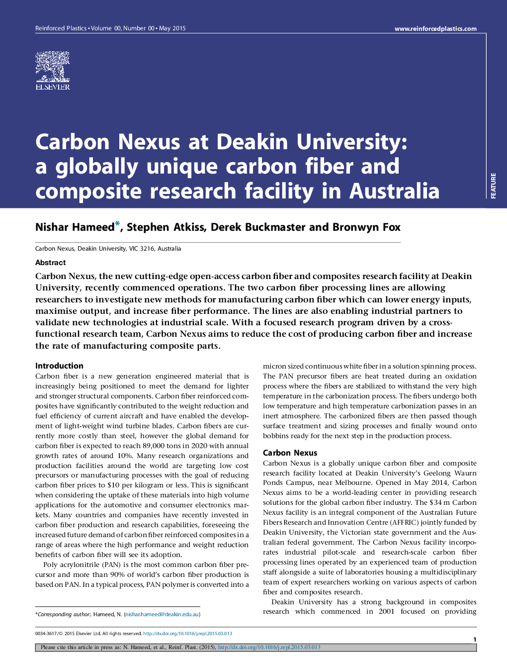 Carbon Nexus at Deakin University: a globally unique carbon fiber and composite research facility in Australia