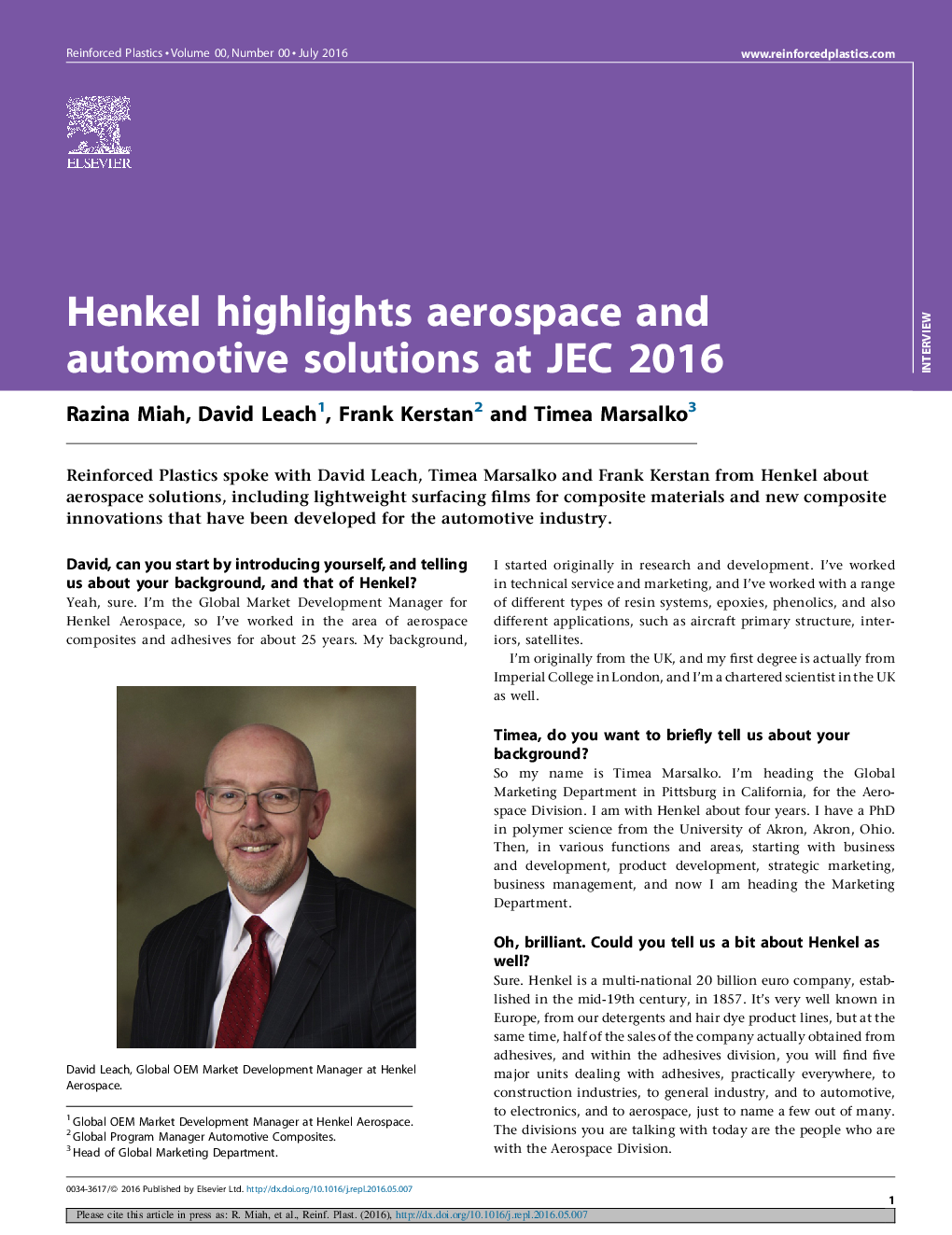 Henkel highlights aerospace and automotive solutions at JEC 2016