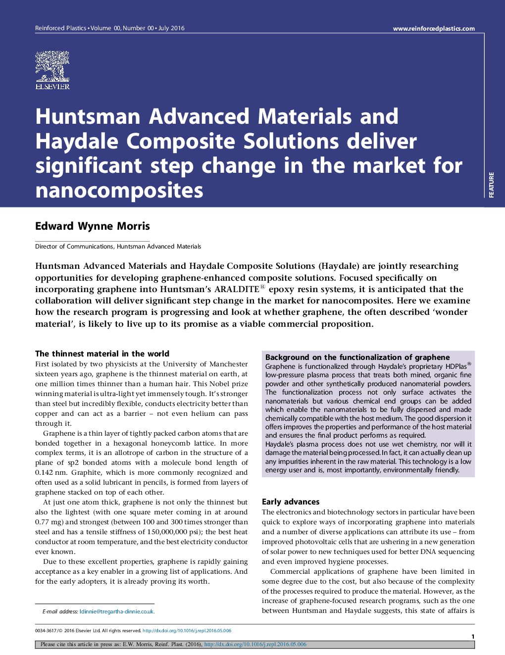 Huntsman Advanced Materials and Haydale Composite Solutions deliver significant step change in the market for nanocomposites