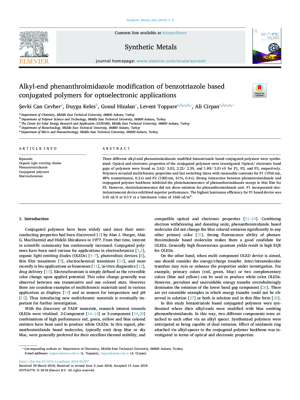 Alkyl-end phenanthroimidazole modification of benzotriazole based conjugated polymers for optoelectronic applications