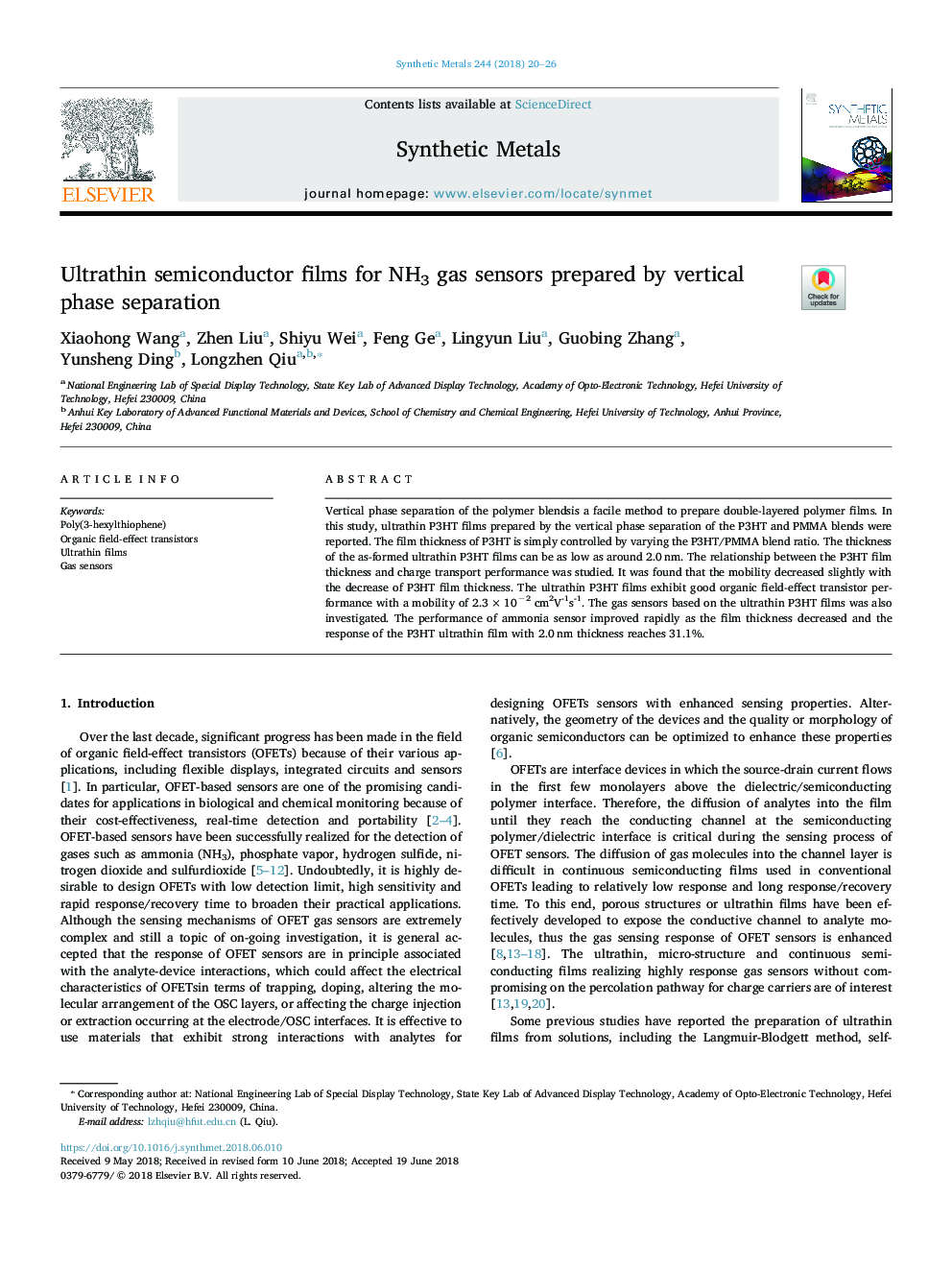 Ultrathin semiconductor films for NH3 gas sensors prepared by vertical phase separation