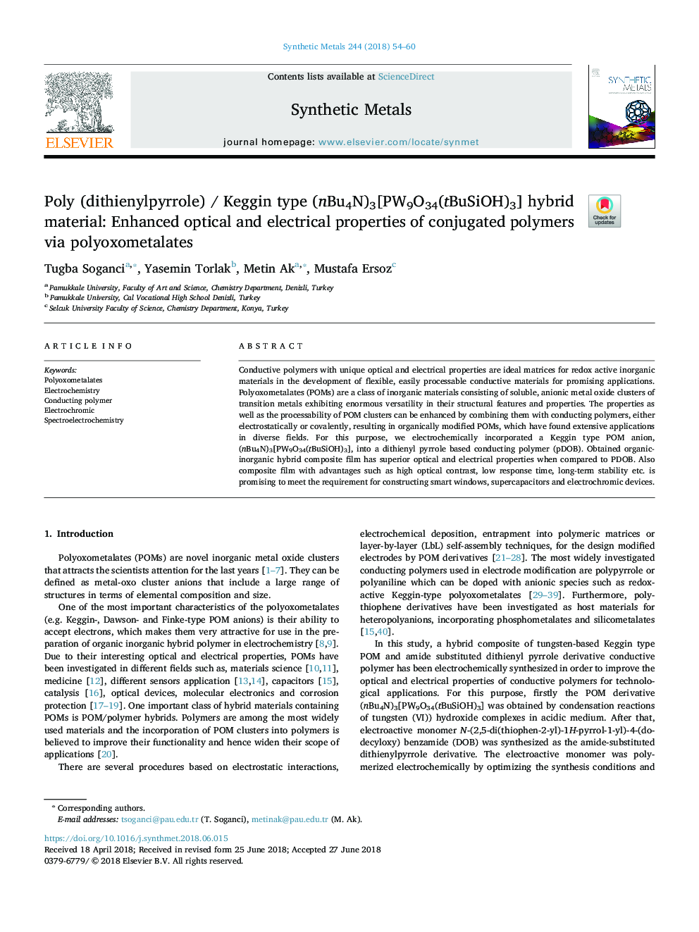 Poly (dithienylpyrrole) / Keggin type (nBu4N)3[PW9O34(tBuSiOH)3] hybrid material: Enhanced optical and electrical properties of conjugated polymers via polyoxometalates