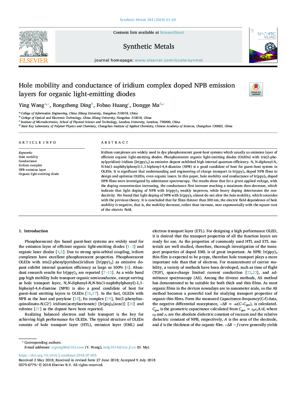 Hole mobility and conductance of iridium complex doped NPB emission layers for organic light-emitting diodes