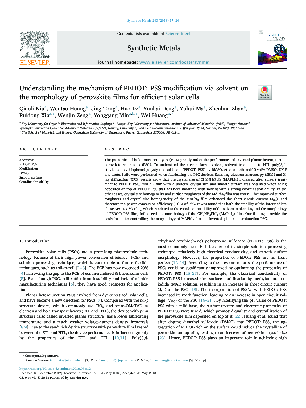 Understanding the mechanism of PEDOT: PSS modification via solvent on the morphology of perovskite films for efficient solar cells