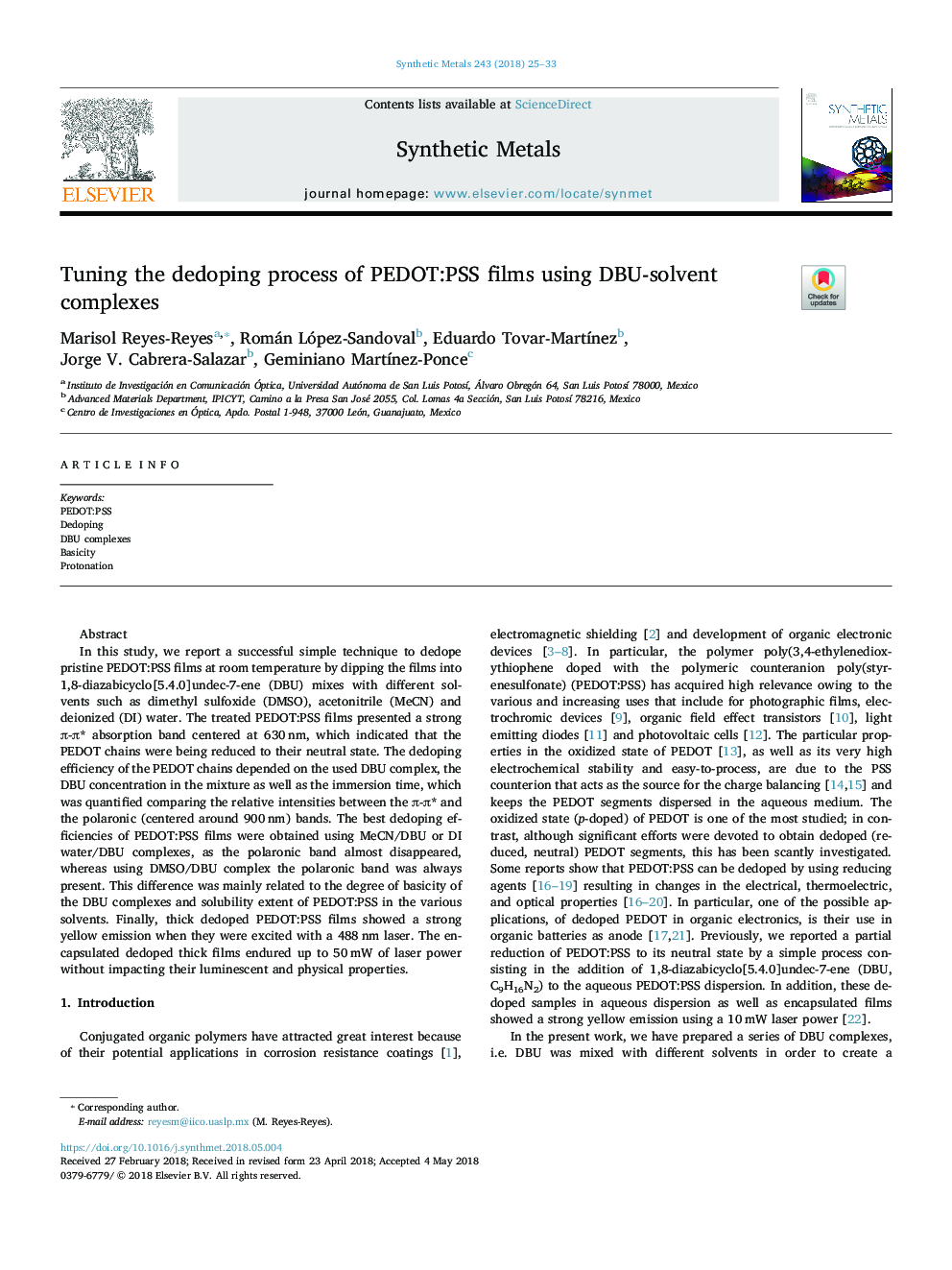 Tuning the dedoping process of PEDOT:PSS films using DBU-solvent complexes