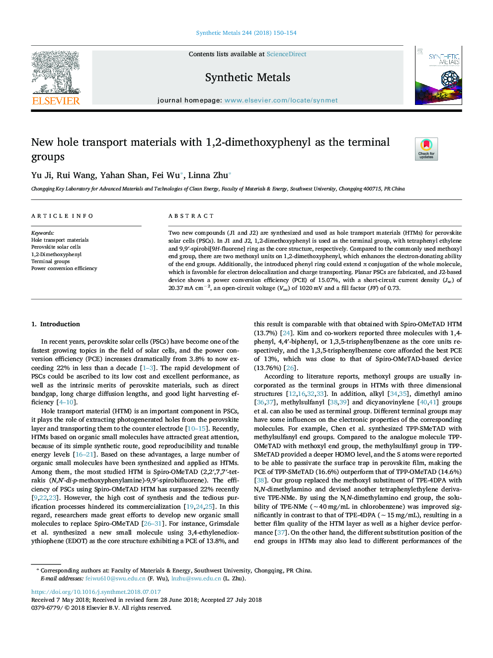 New hole transport materials with 1,2-dimethoxyphenyl as the terminal groups