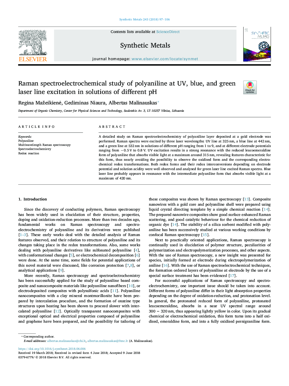 Raman spectroelectrochemical study of polyaniline at UV, blue, and green laser line excitation in solutions of different pH