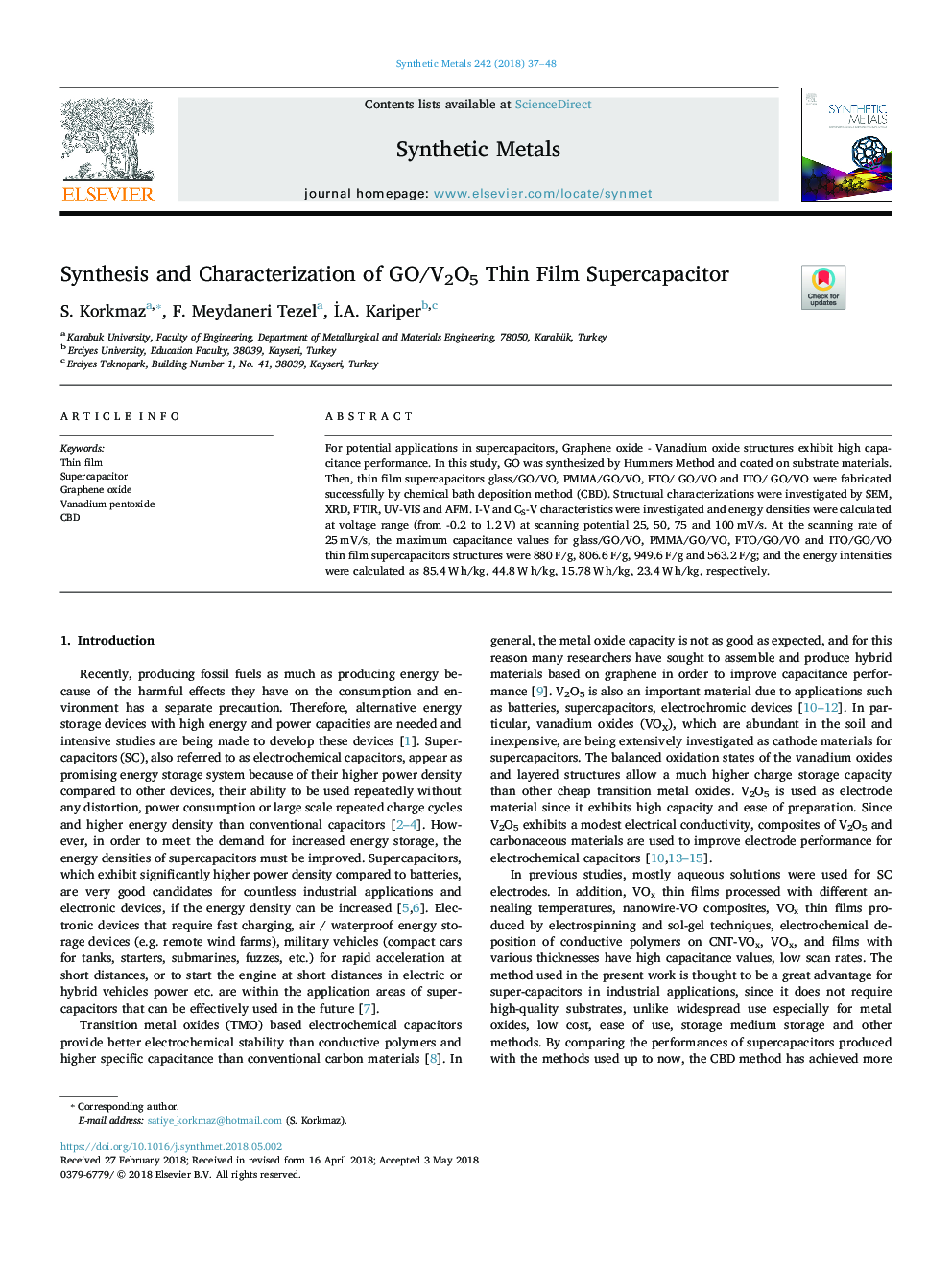 Synthesis and Characterization of GO/V2O5 Thin Film Supercapacitor