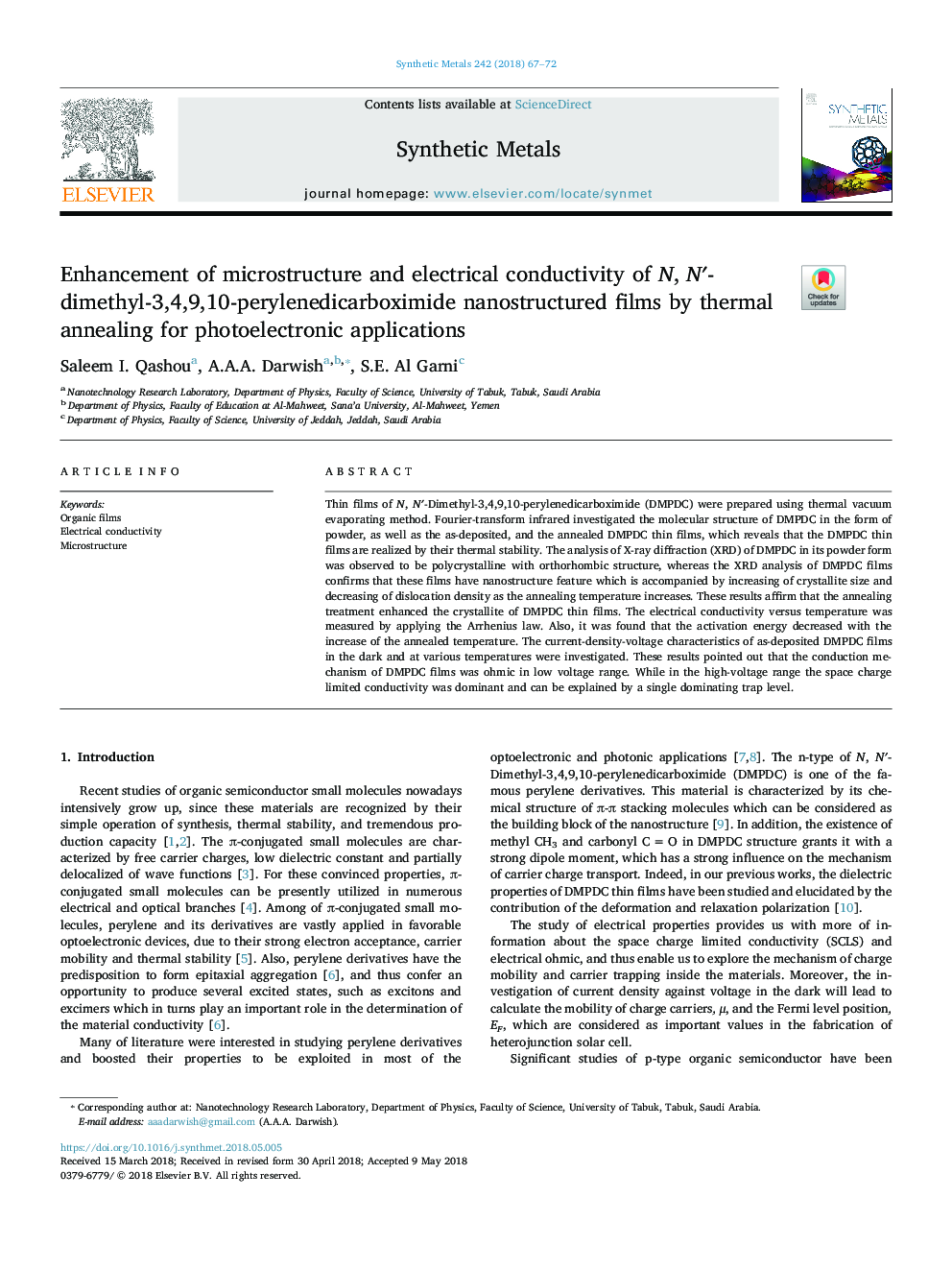 Enhancement of microstructure and electrical conductivity of N, Nâ²-dimethyl-3,4,9,10-perylenedicarboximide nanostructured films by thermal annealing for photoelectronic applications