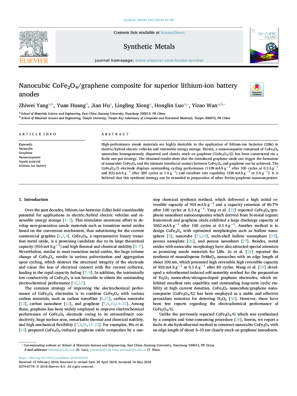 Nanocubic CoFe2O4/graphene composite for superior lithium-ion battery anodes